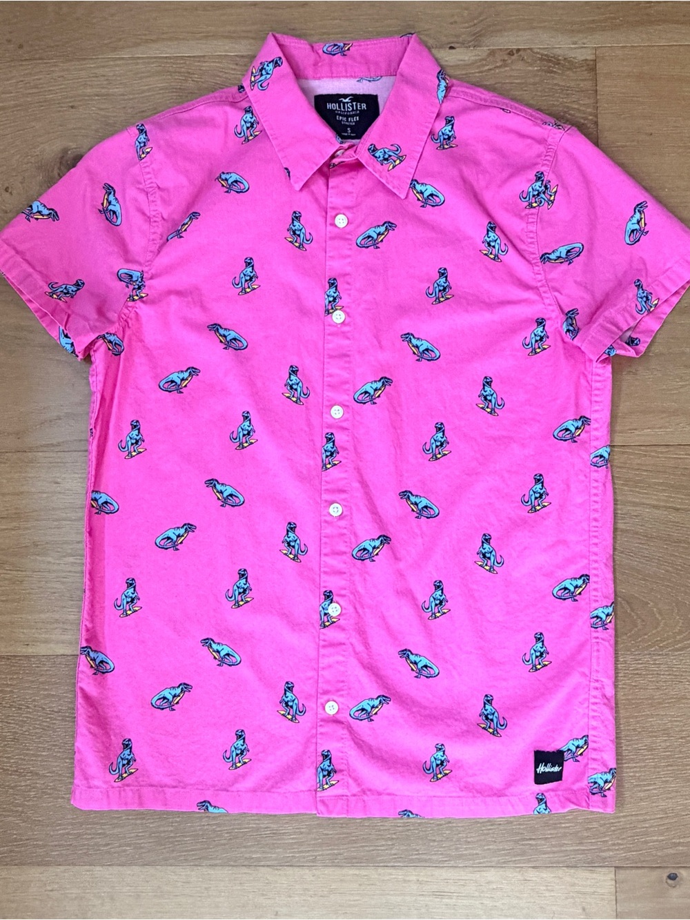 Hollister Surfing Skateboarding T-Rex Dinosaur SS Button-Down Shirt Hot Pink S